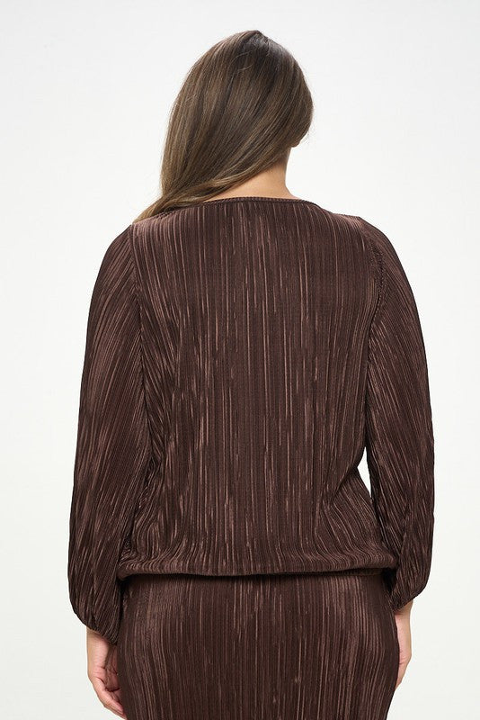Plisse Solid Round neck Top with 3/4 Sleeve-3