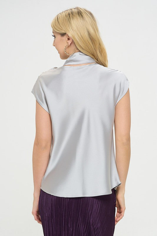Satin Cowl Neck Short Sleeve Top with Scarf Detail-4