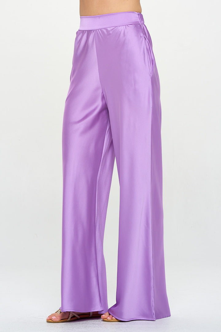 Stretch Satin Pants w/ Elastic Waist and Pockets-1