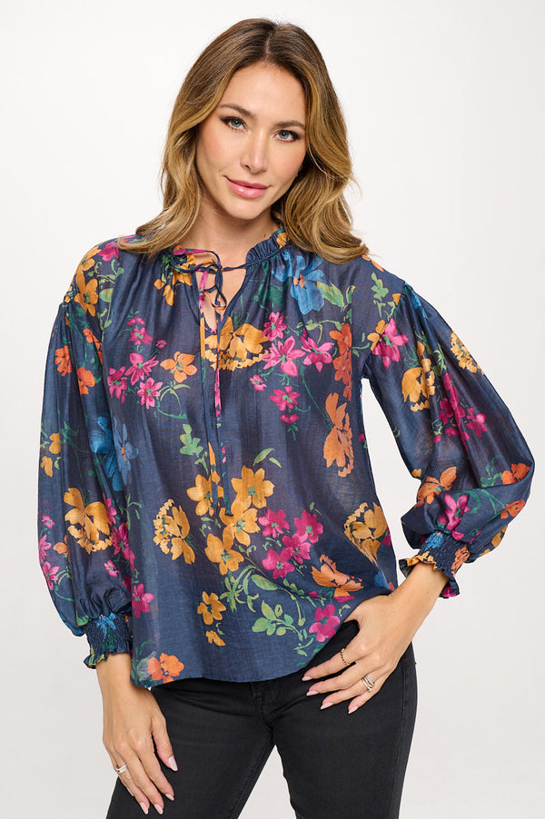 Floral Print V neck Top with Cuffed Sleeve-0