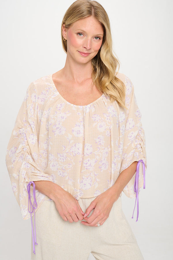 Floral Print Boat Neck Top with Adjustable Tie Sleeve-0
