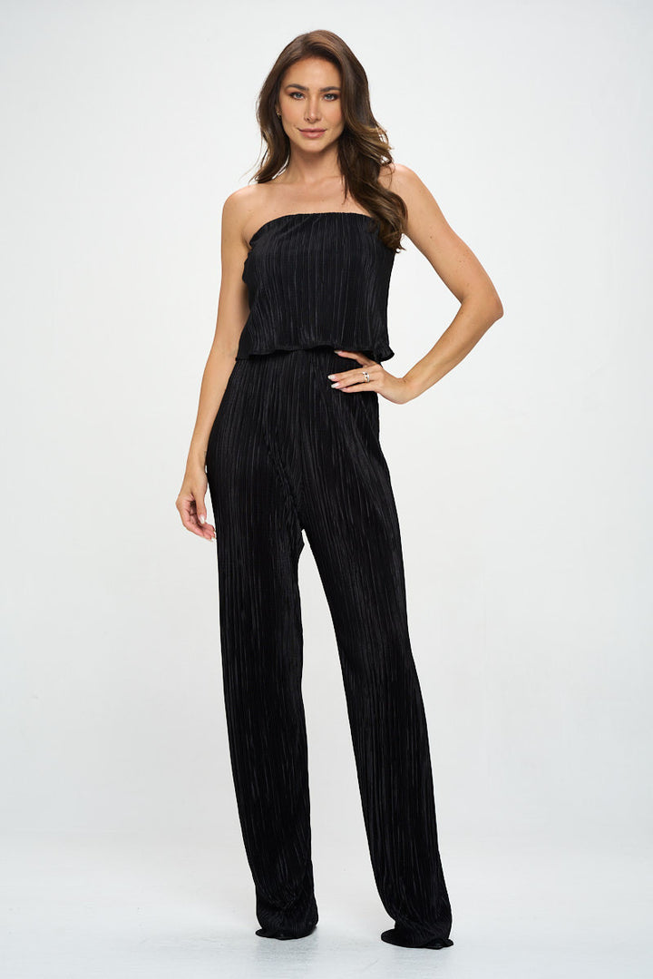 Plisse Solid Strapless Straight Leg Jumps-2