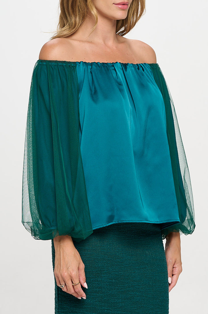 Solid Satin Front Versatile Top with Mesh Sleeve-2