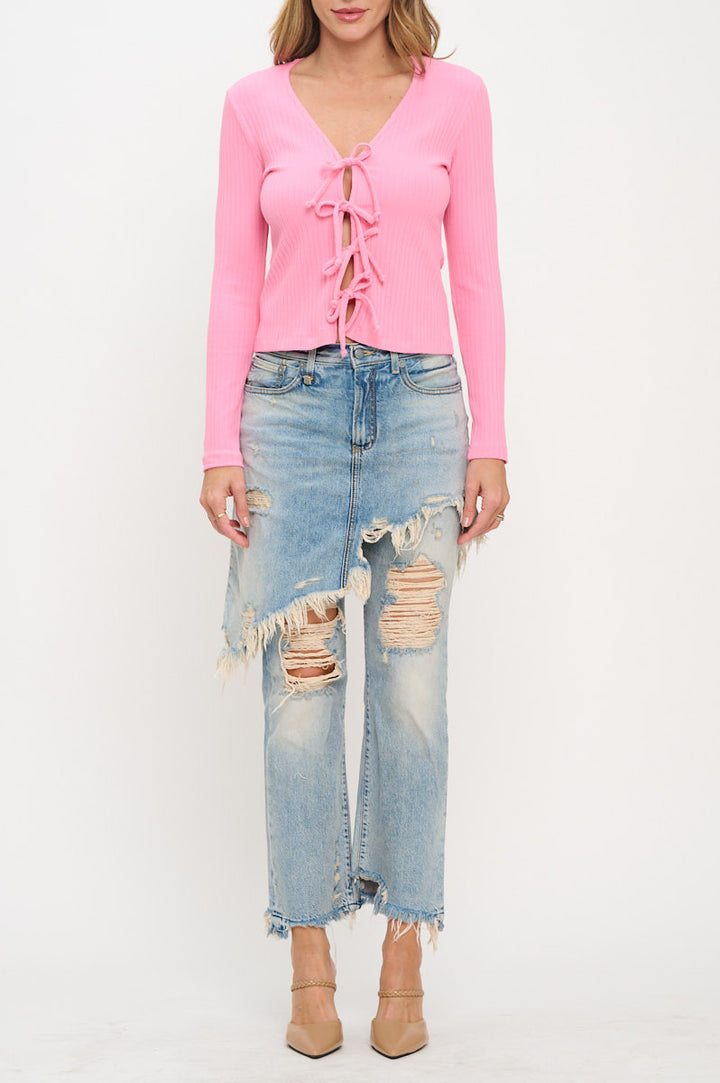 Rib Knit Long Sleeve Top with Front Tie Detail-1