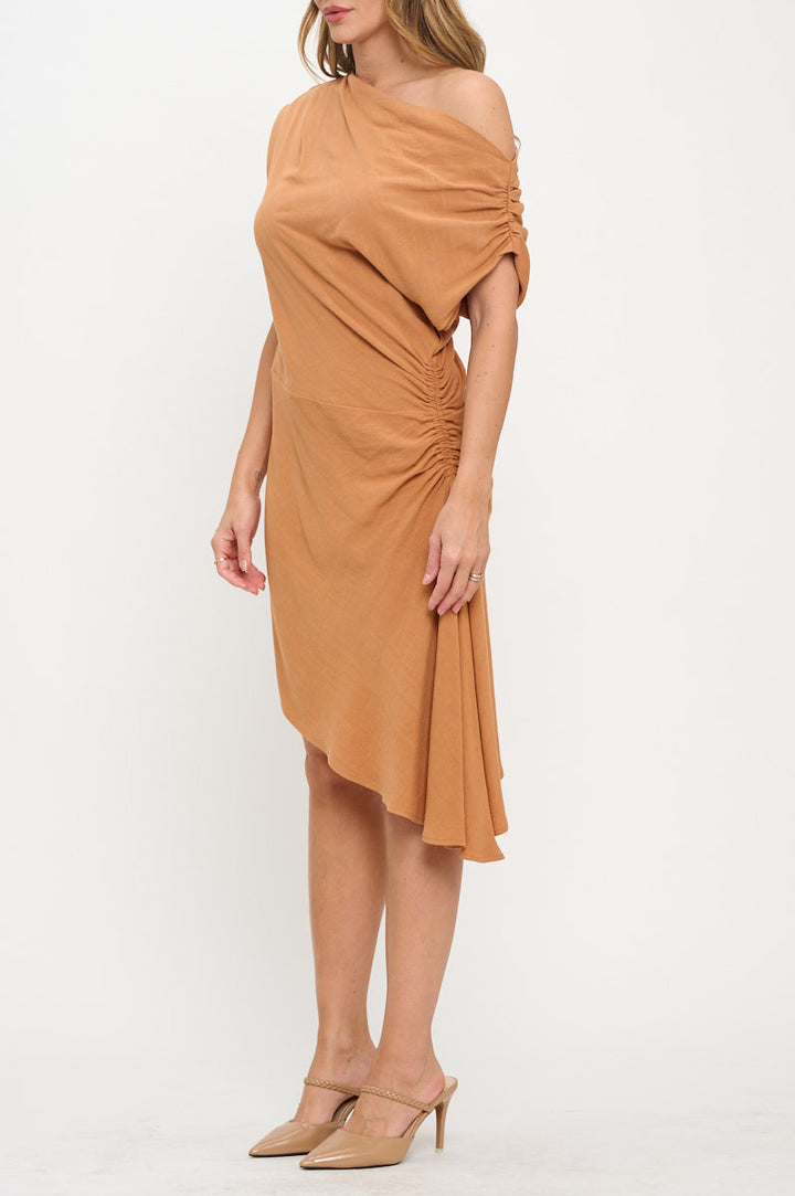 Linen Asymmetrical Off the Shoulder Ruched Dress-3