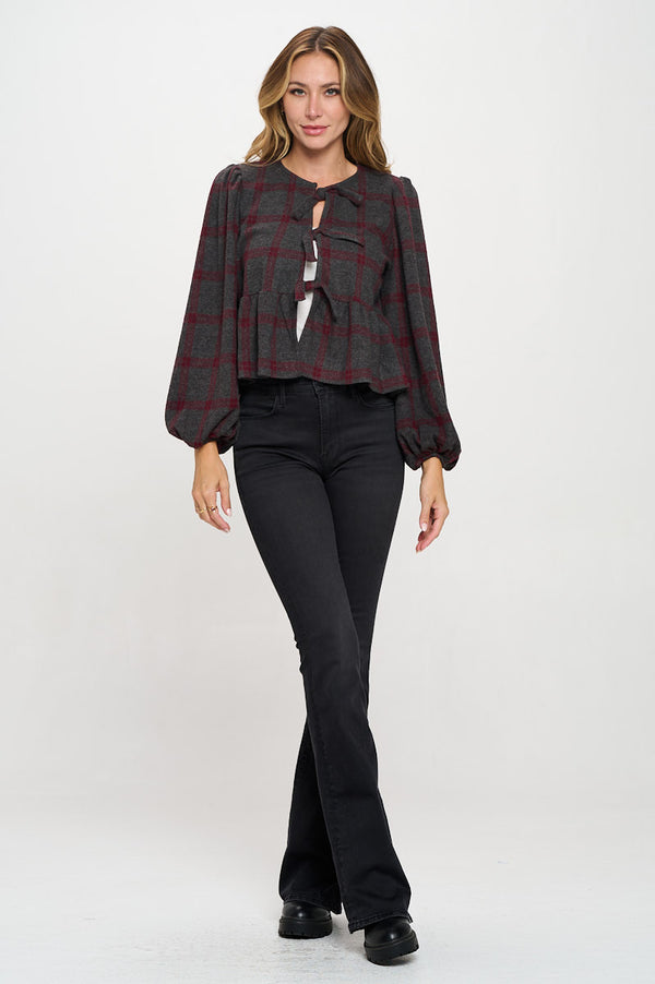 Plaid Long Puff Sleeve Top with Open Front Tie Detail-5