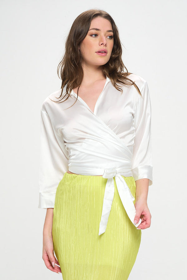 Silky Satin Collared V neck Wrap Top with Tie-0