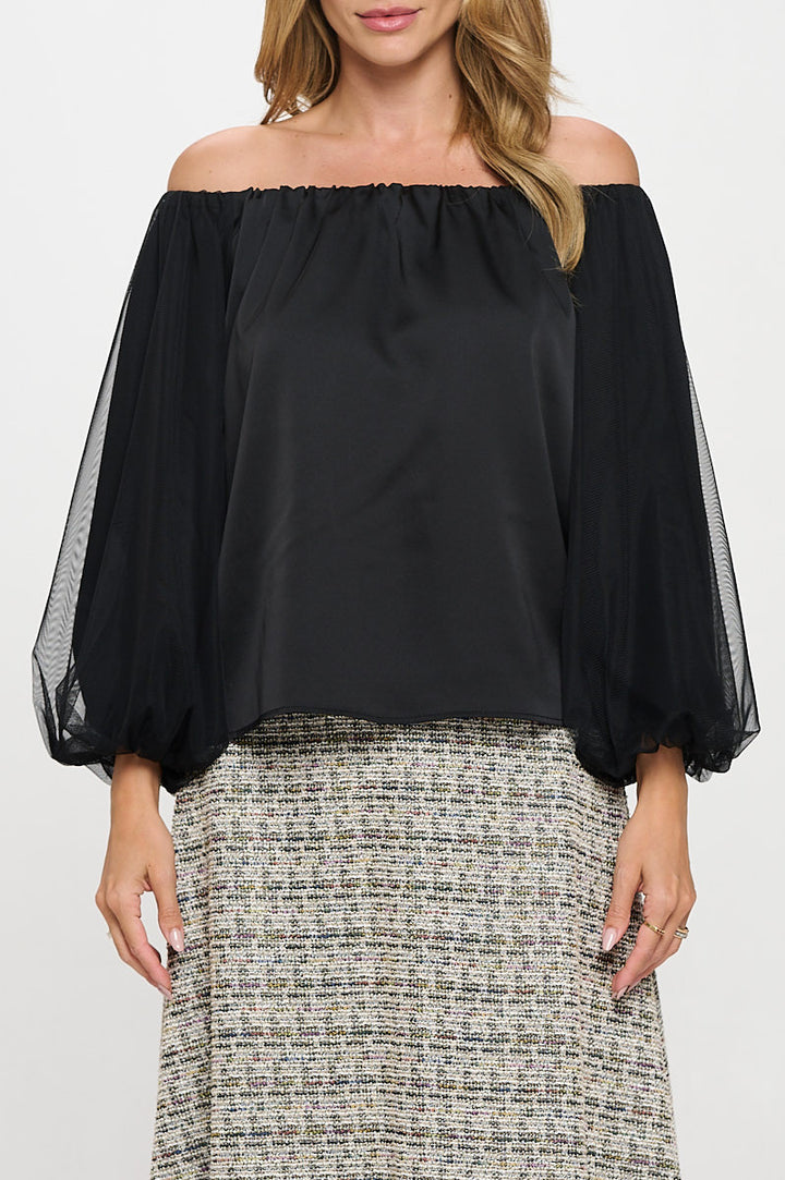 Solid Satin Front Versatile Top with Puff Sheer Sleeve-1