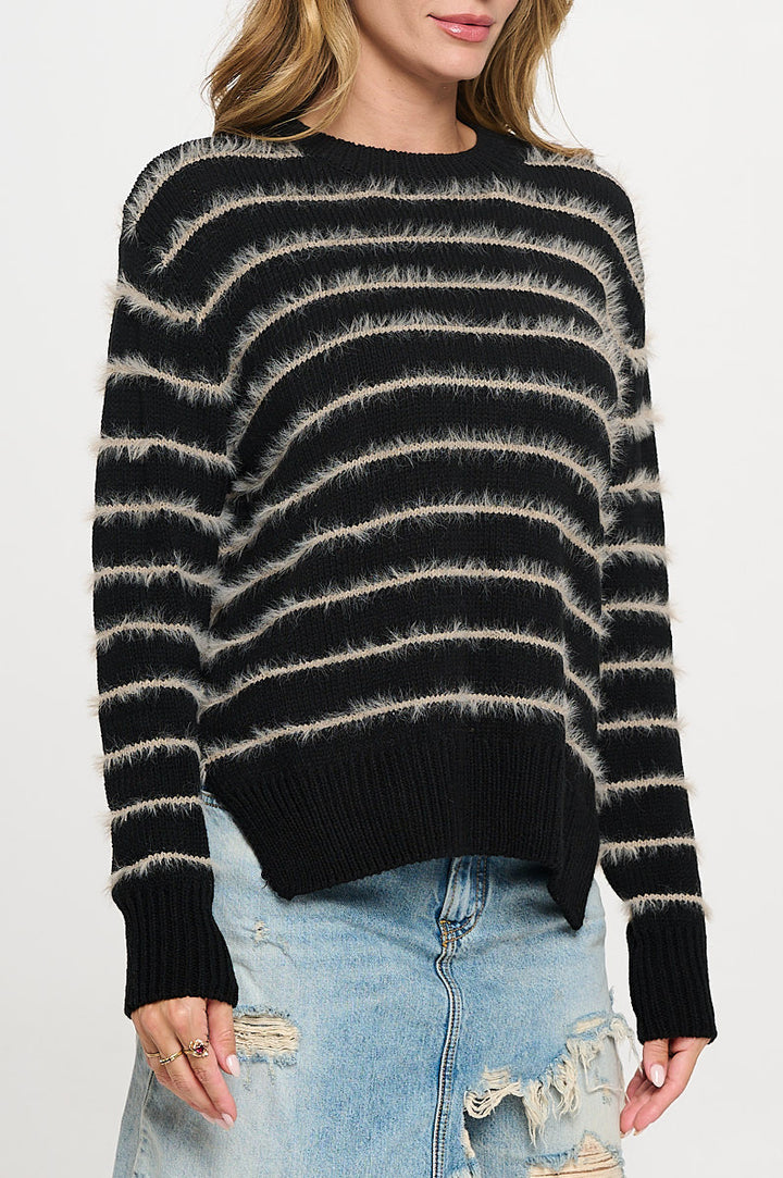 Striped Fuzzy Long Sleeve Pullover Crewneck with Side Slit-3