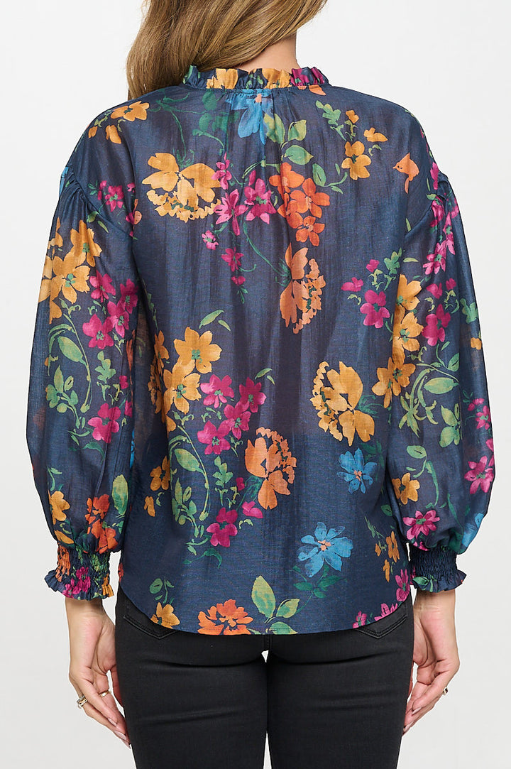 Floral Print V neck Top with Cuffed Sleeve-3