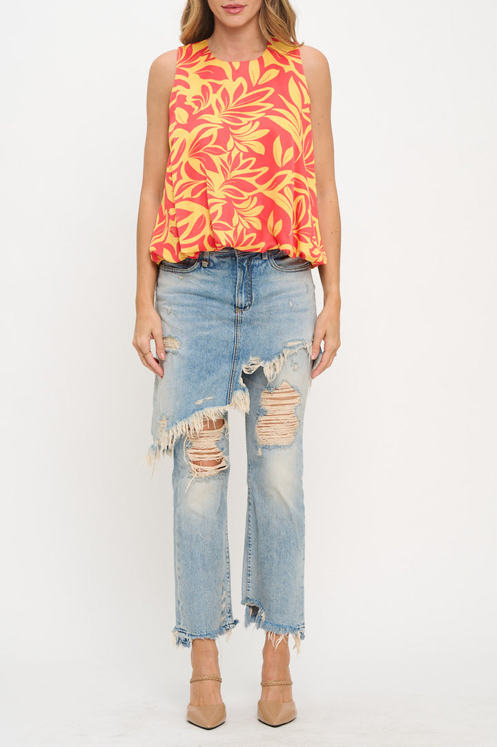 Satin Print Sleeveless Top with Bubble Hem and Back Keyhole-1