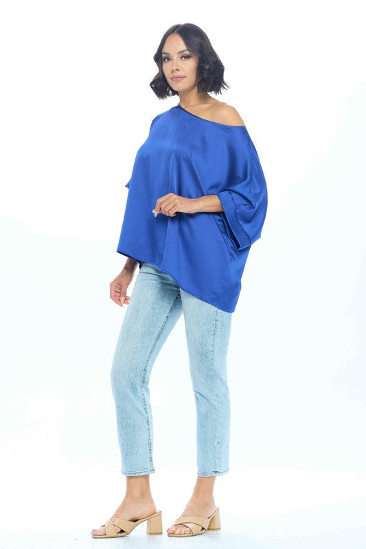 Stretch Satin Solid Round neck Oversize Top-3