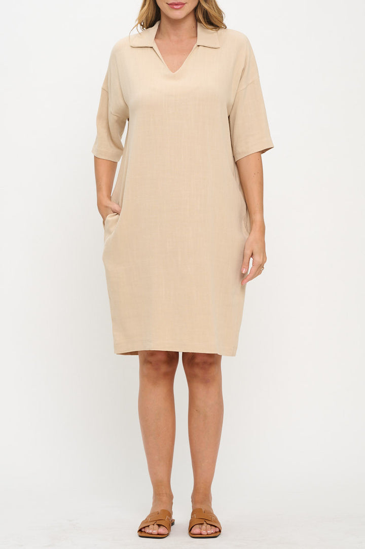 Linen V neck Collared Dress with Pockets-1