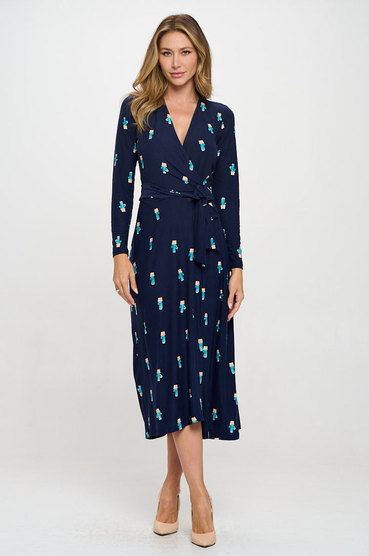 Knit Print V neck Jersey Wrap Maxi Dress with Tie-4