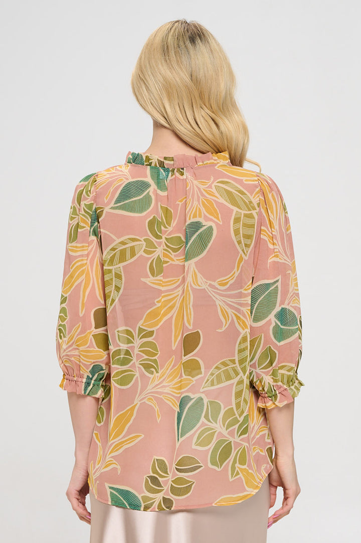 Semi Sheer Leaf Print 3/4 Sleeve Top with Tie-3
