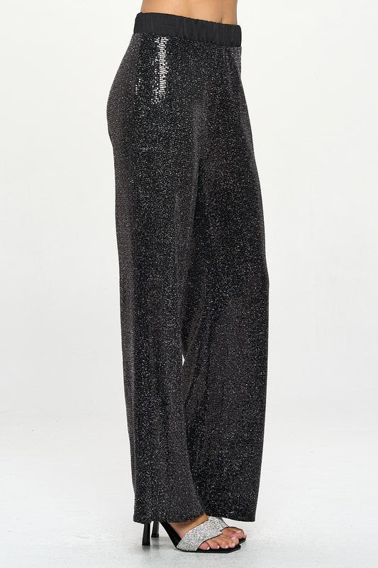 Sequins Wide Leg Pants with Satin Waistband-1