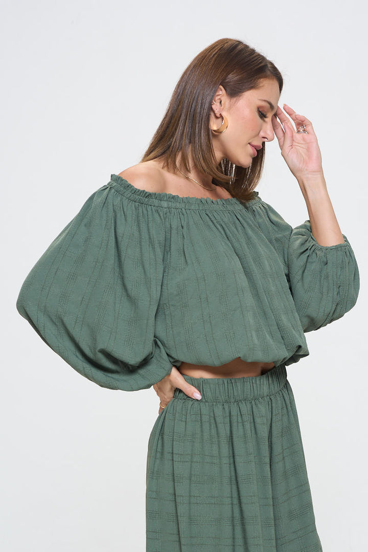 Textured Off the Shoulder Top with Balloon Sleeve-3