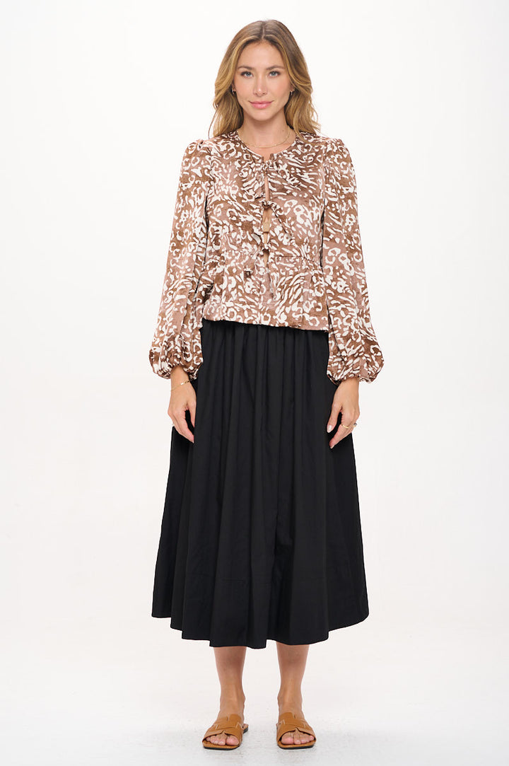 Animal Print Long Puff Sleeve Top with Front Tie Detail-4