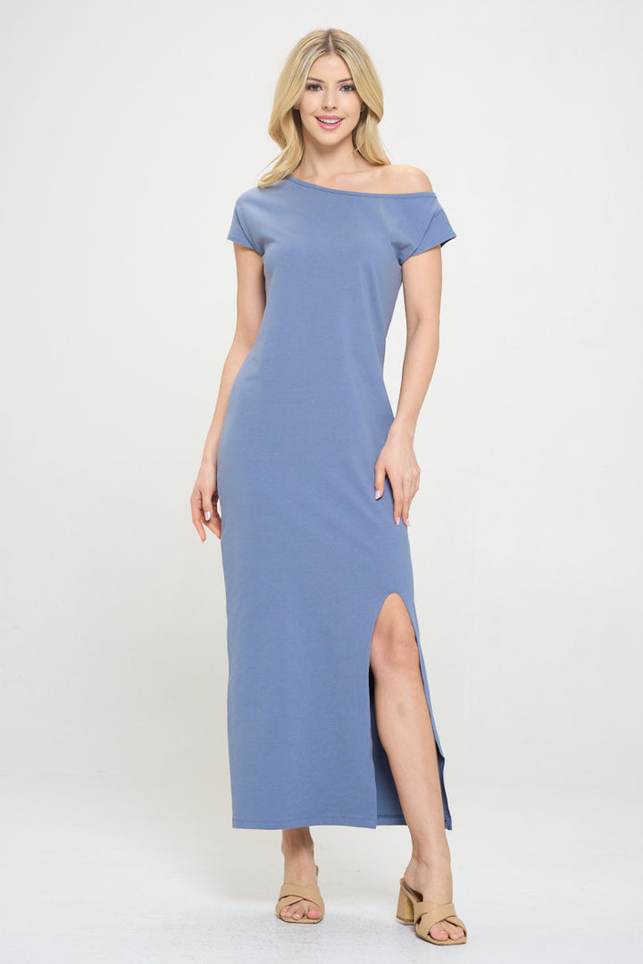 Solid Off the Shoulder Maxi Dress with Slit-1