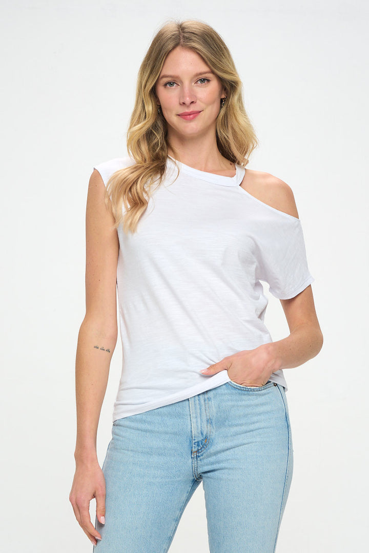 Cotton Slub Spandex One Open Shoulder Knit Top-1