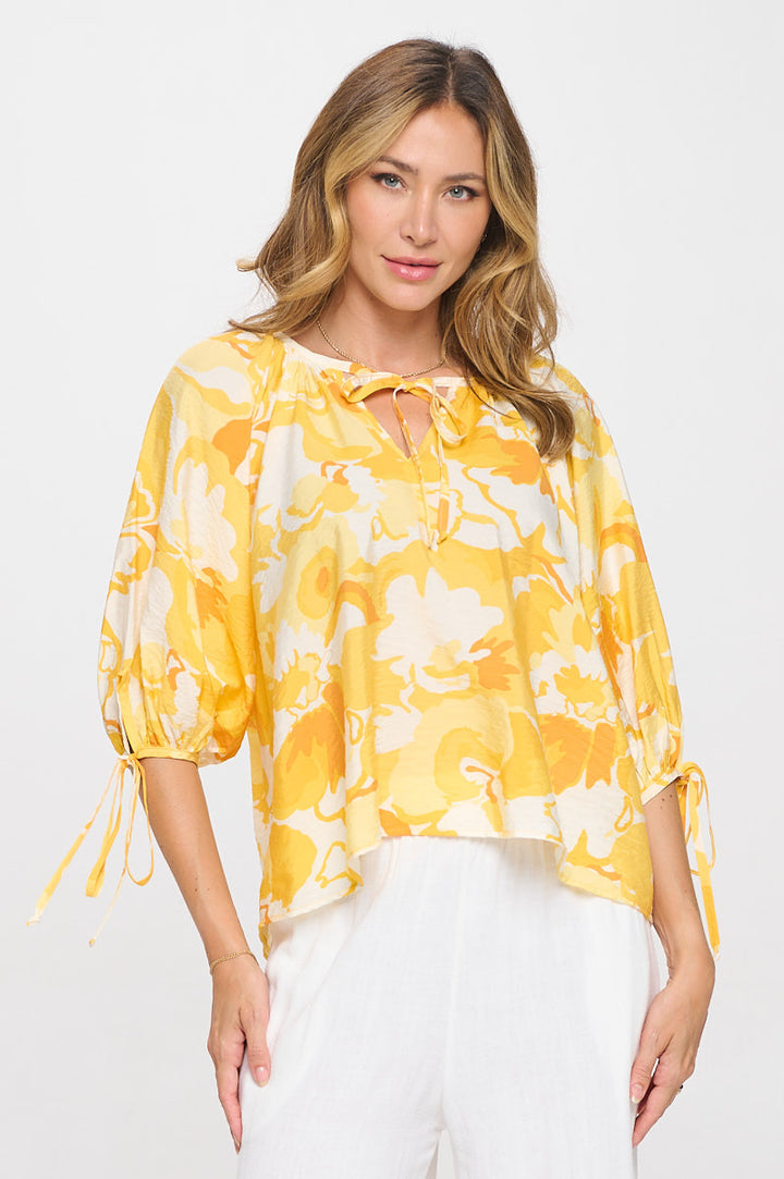Flower Print V neck Dress with Sleeve Tie-1