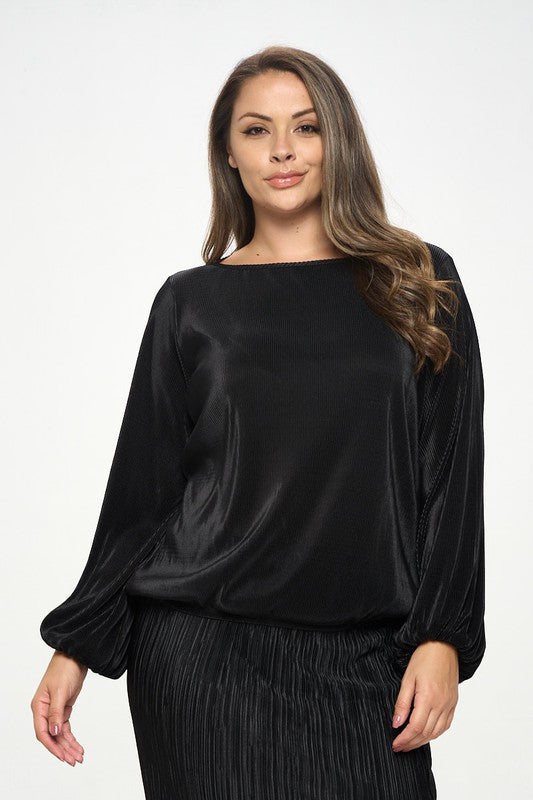 Plisse Solid Round neck Top with 3/4 Sleeve-0