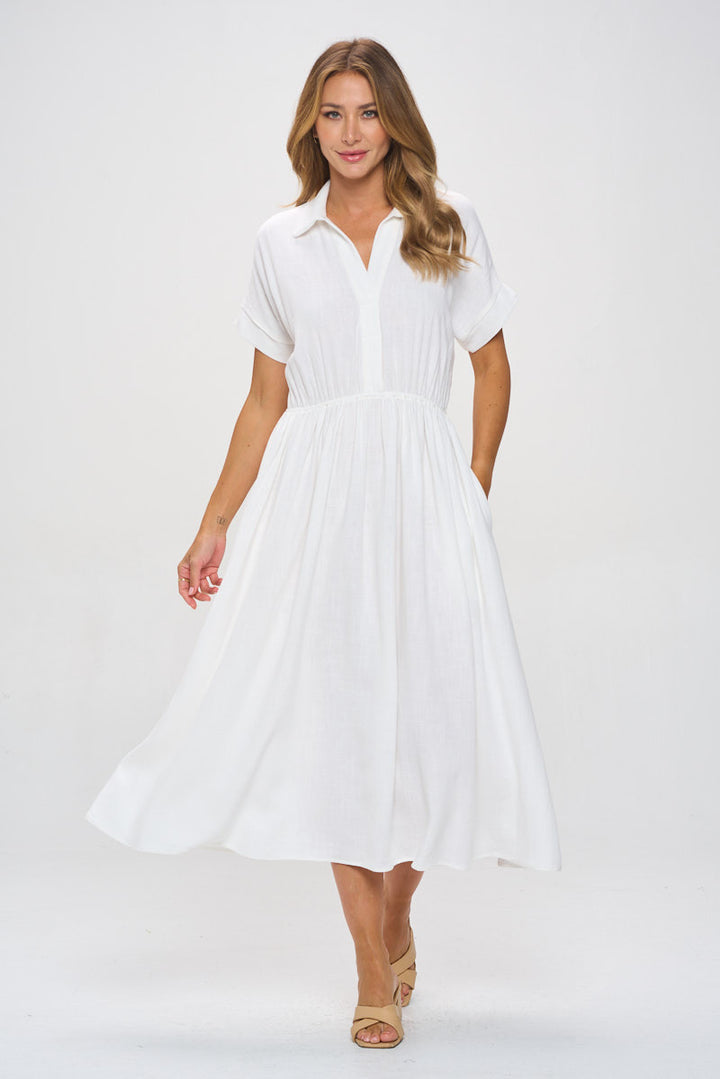 Linen Solid Collared V neck Dress with Pockets-3