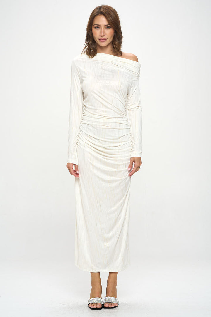 Off Shoulder Bodycon Midi Ruched Dress-3