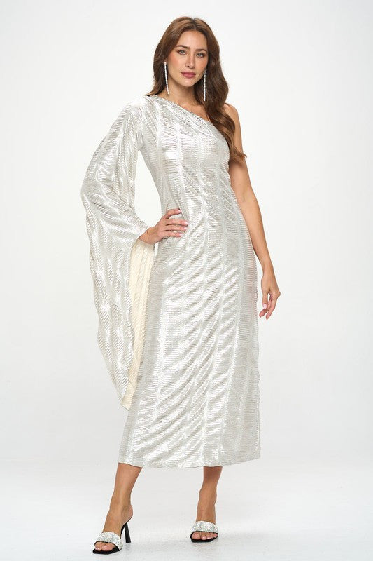 Metallic One Shoulder Bell Sleeve Maxi Dress-1