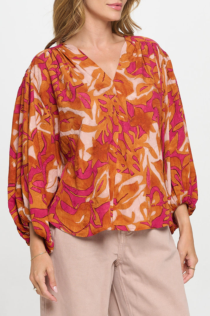 Floral Print V neck Top with Balloon Sleeve-2