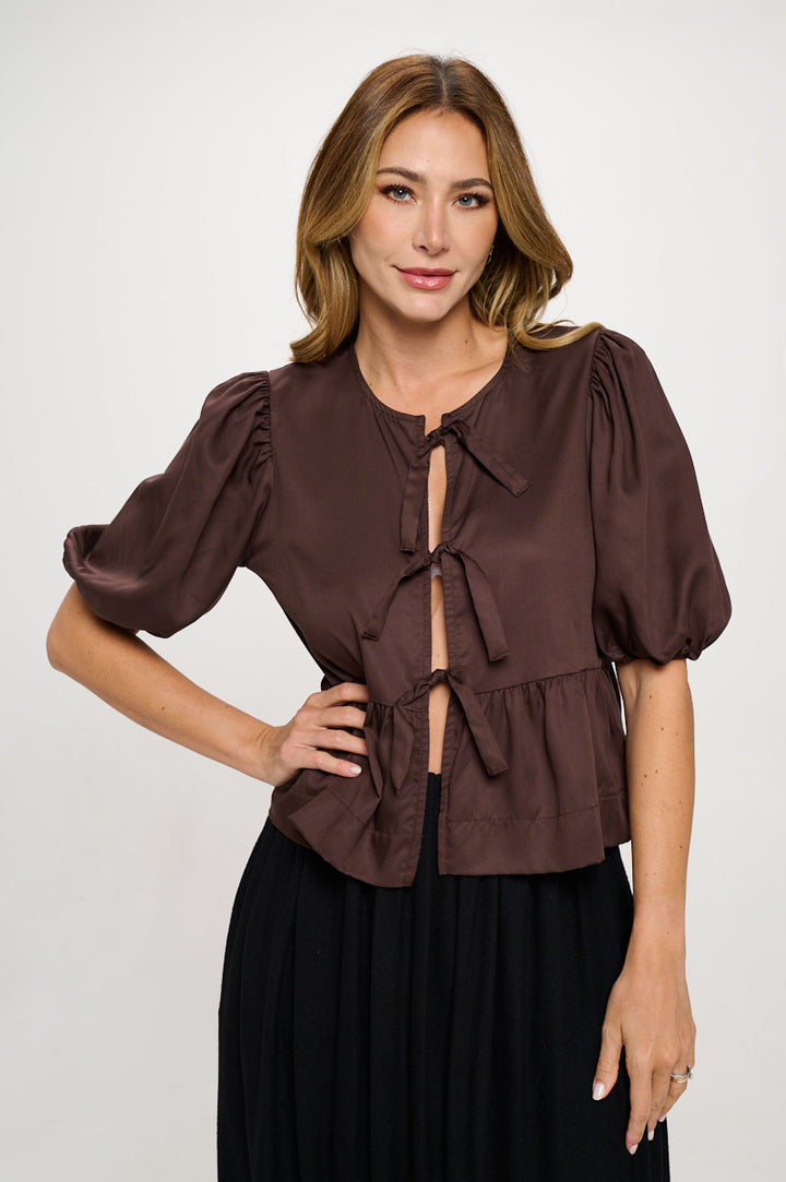 Tencel Puff Sleeve Top with Front Bow Detail-0