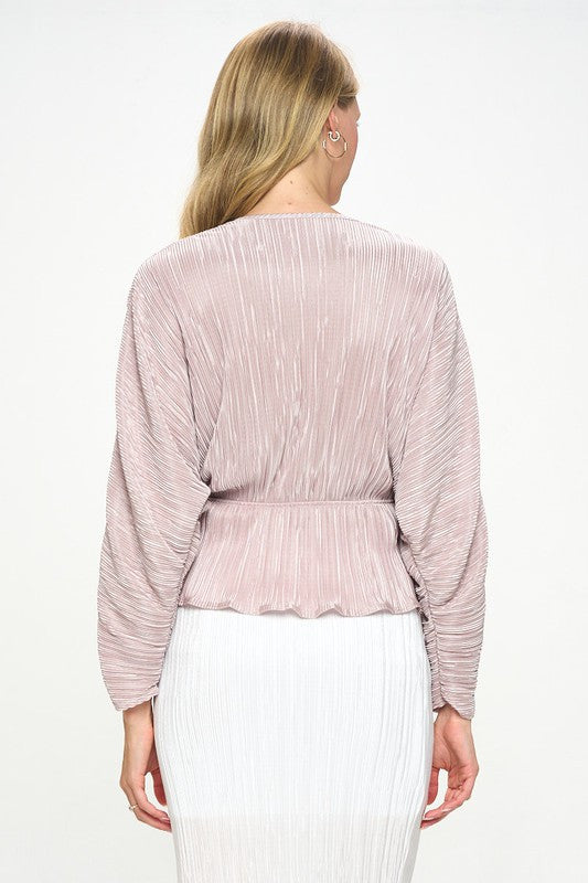 Plisse V neck Top with Balloon Dolman Sleeve-3