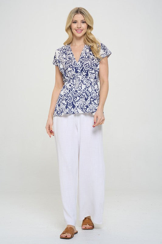 Cotton Print V neck Short Sleeve Kimono Top-4