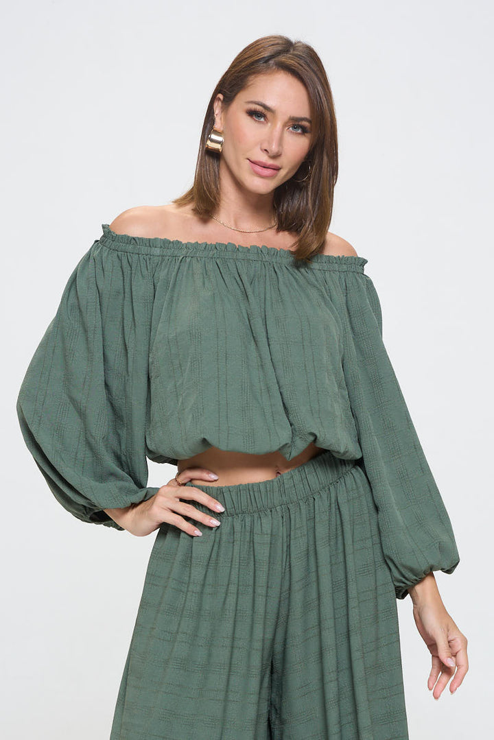 Textured Off the Shoulder Top with Balloon Sleeve-0