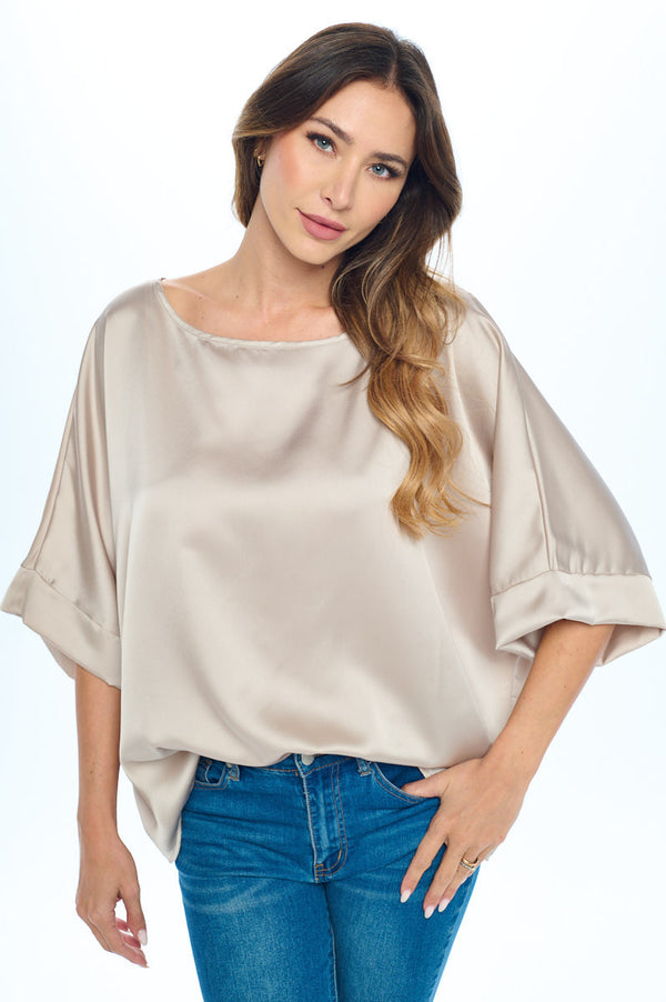 Stretch Satin Solid Round neck Oversize Top-0