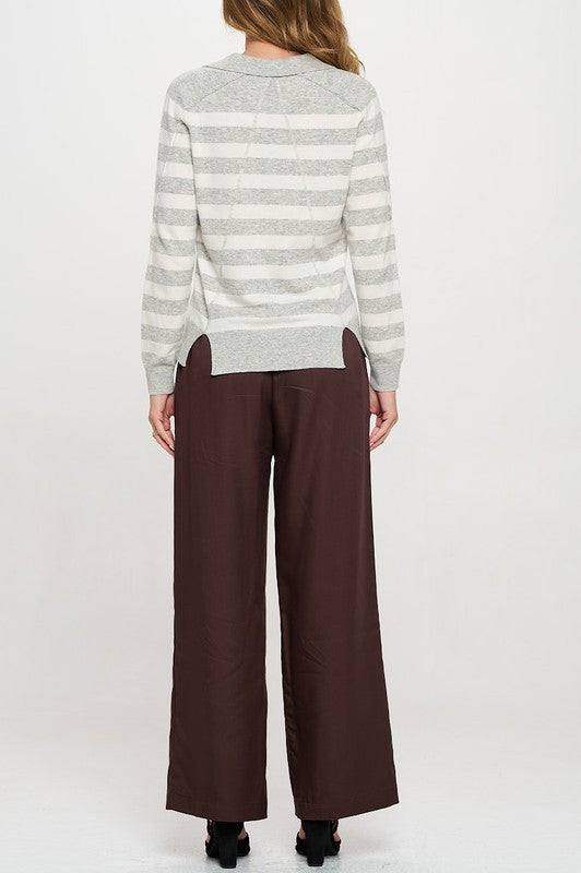 Striped Knit Polo Collar neck Long Sleeve Top-2