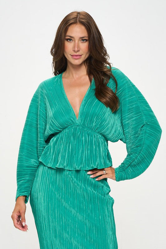 Plisse V neck Top with Balloon Dolman Sleeve-0