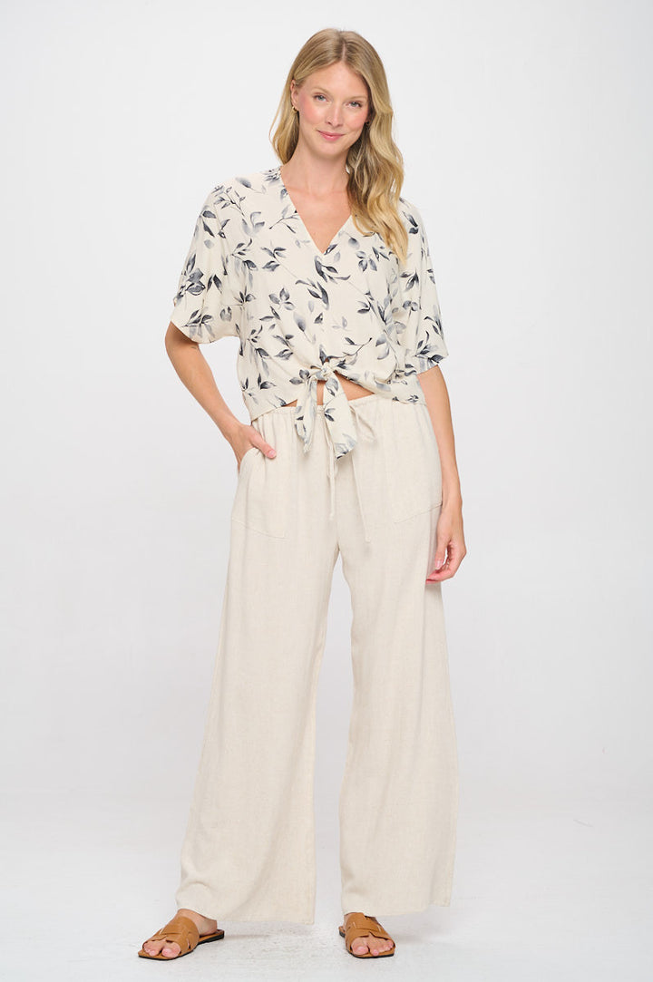 Linen Floral Print V neck Top with Front Tie-4