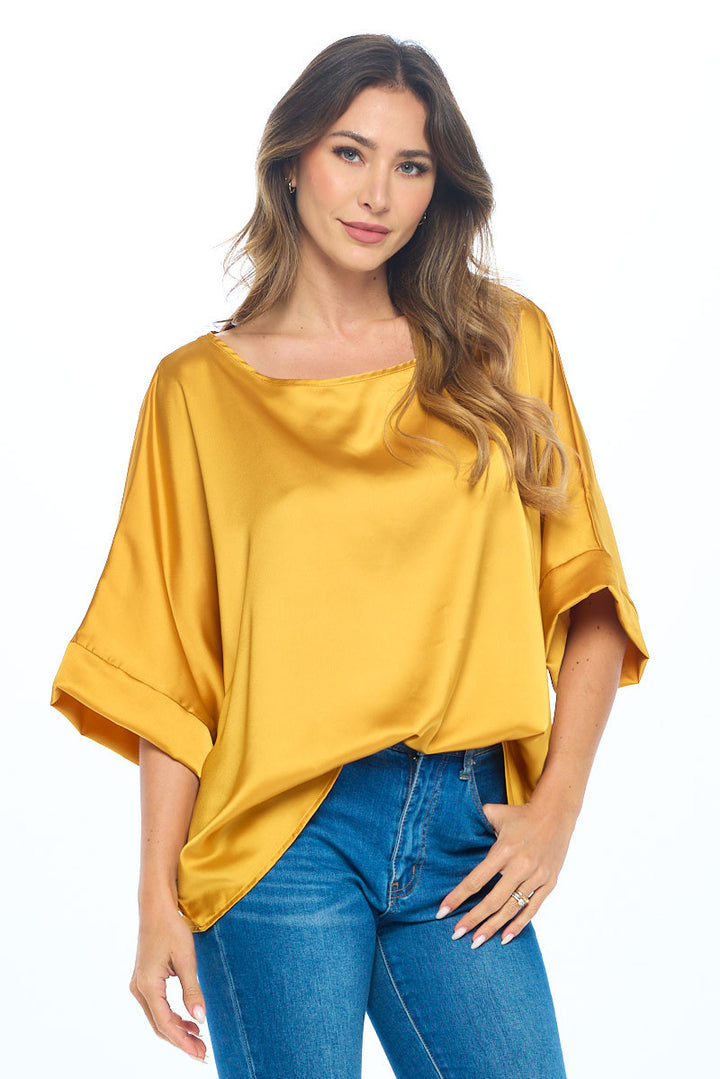 Stretch Satin Solid Round neck Oversize Top-2