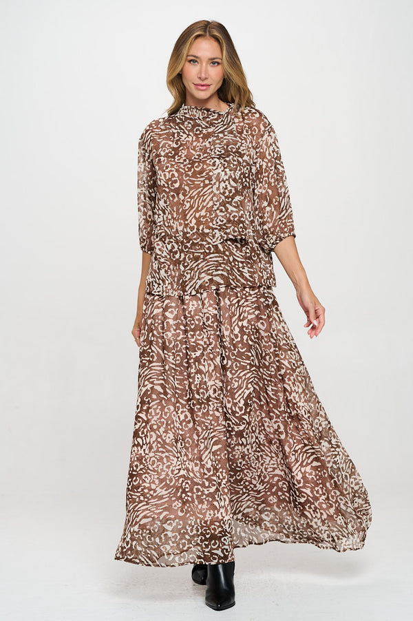 Abstract Print Sheer 3/4 Sleeve with Scarf Detail-5