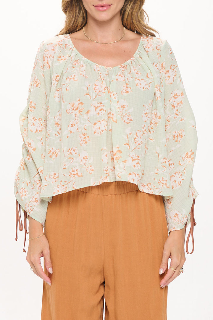 Floral Print Boat Neck Top with Adjustable Tie Sleeve-1