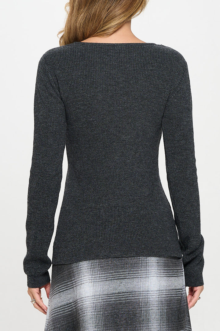Knit Asymmetrical Button Front Long Sleeve Sweater-3