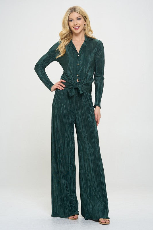 Plisse Solid Button Down Top with Collar-5