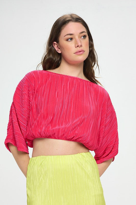 Vibrant Plisse Scoop Neck Crop Top-1