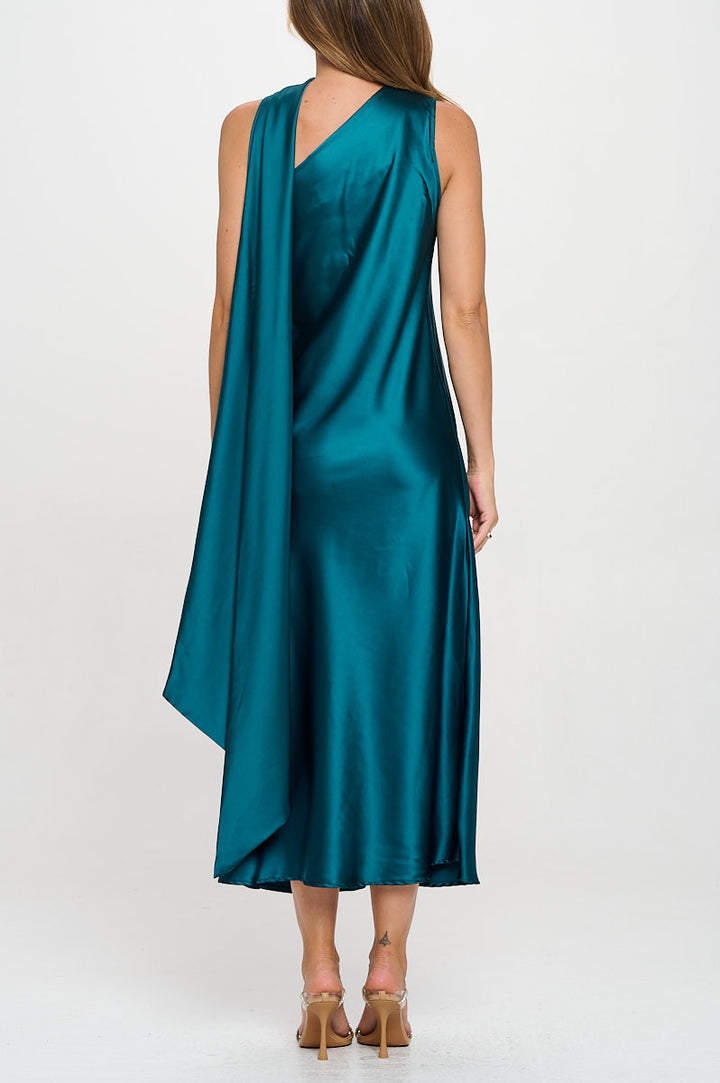 One Shoulder Satin Maxi Dress with Scarf Detail-4