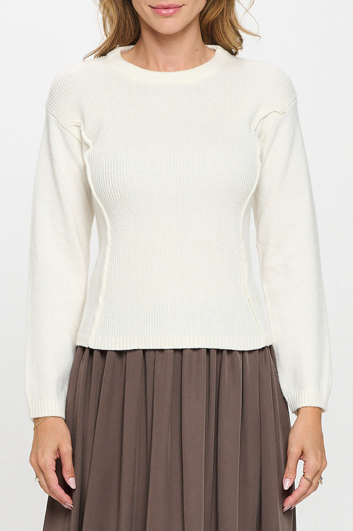 Rib Knit Solid Long Sleeve Pullover Sweater-1