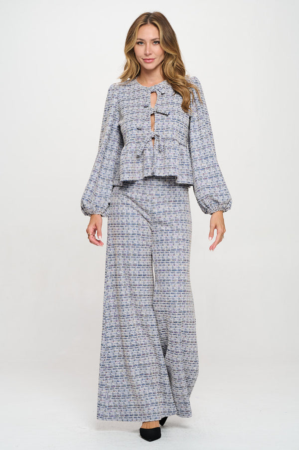 Textured Knit Long Balloon Sleeve Top with Open Front Tie Detail-5