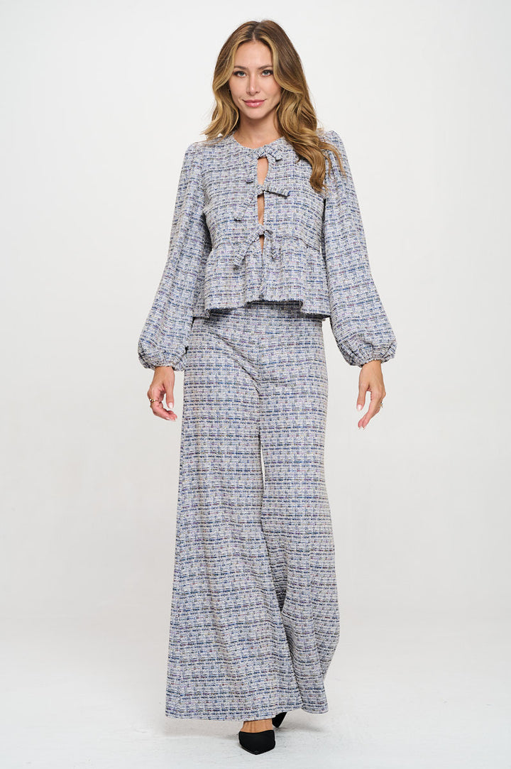 Textured Knit Long Balloon Sleeve Top with Open Front Tie Detail-5