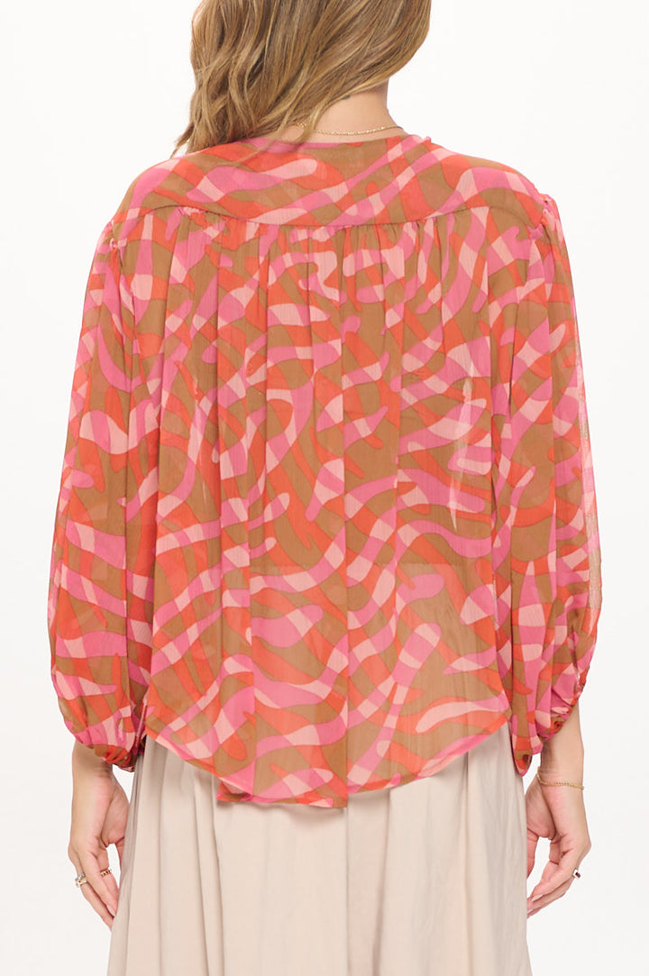Abstract Print V neck Sheer Top with 3/4 Sleeve-3