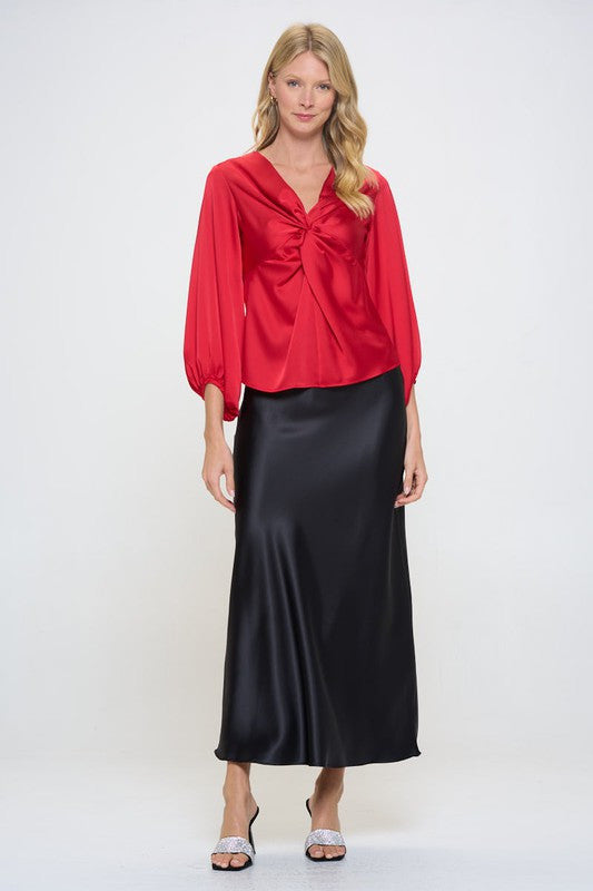 Stretch Satin V neck Top with Front Twist-4